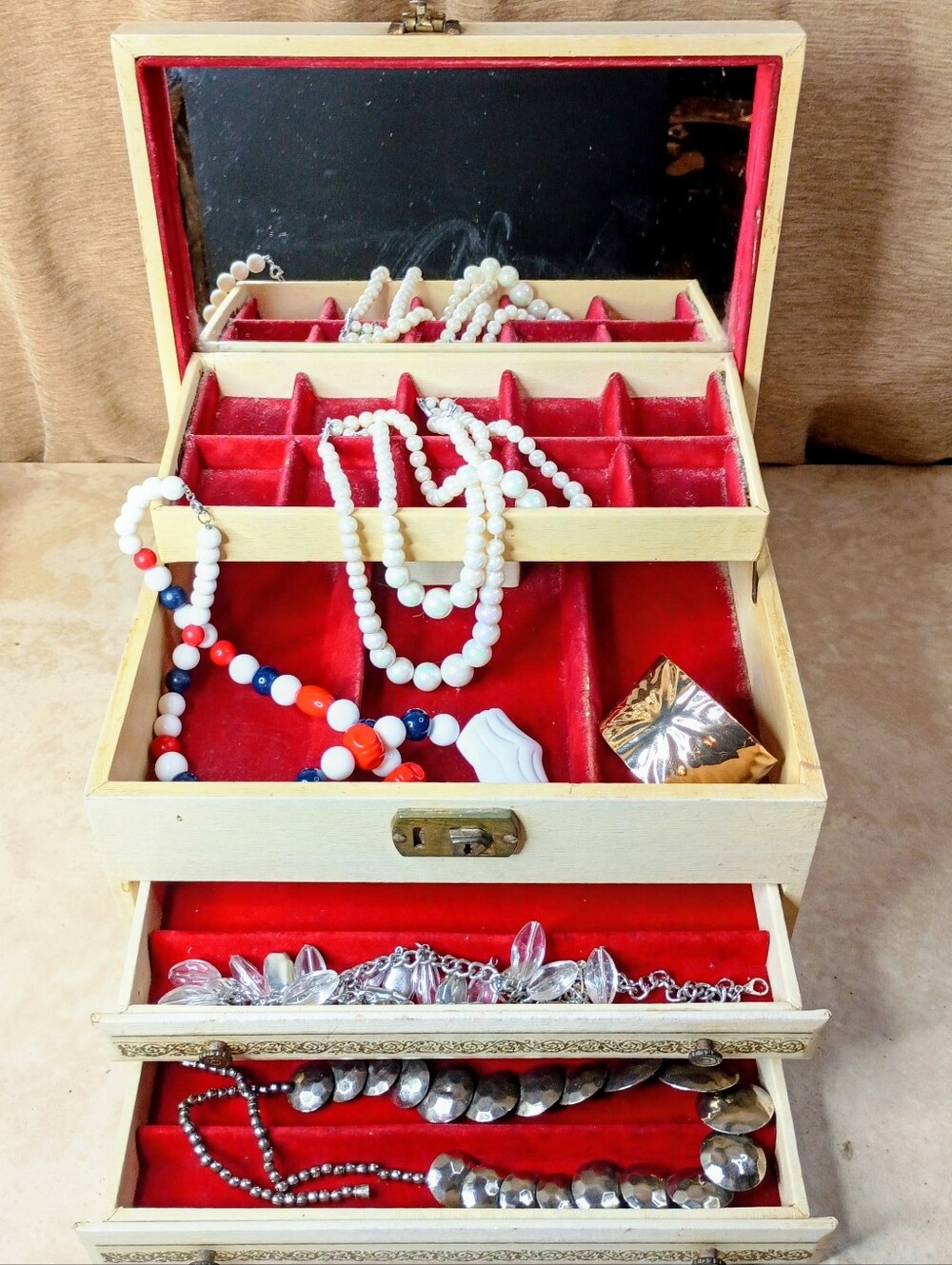Vintage Jewelry Box with Red Velvet Lining - Cream